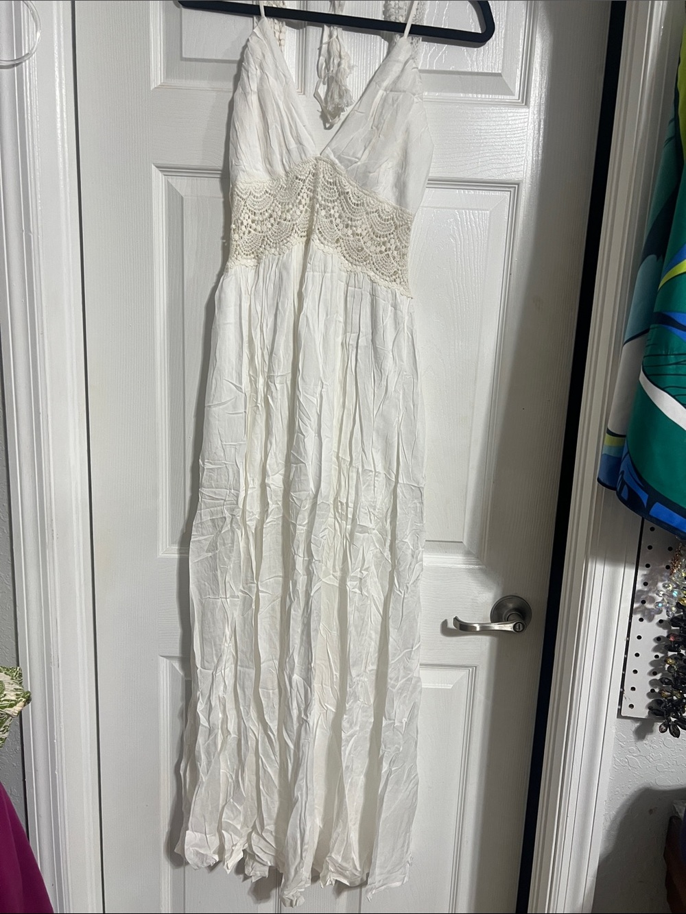White Crochet-Trim Maxi Dress with Spaghetti Straps